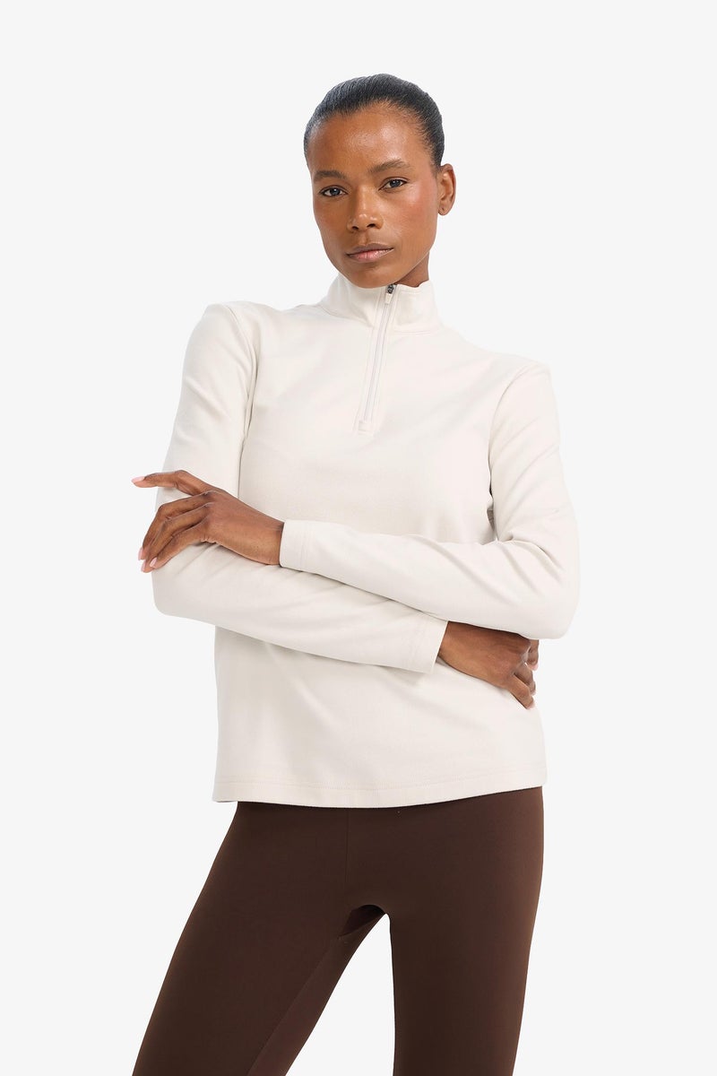 DeFacto Beige Woman DeFactoFit Standard Fit Stand Collar Zip-Up Sports Sweatshirt Casual - Image 3